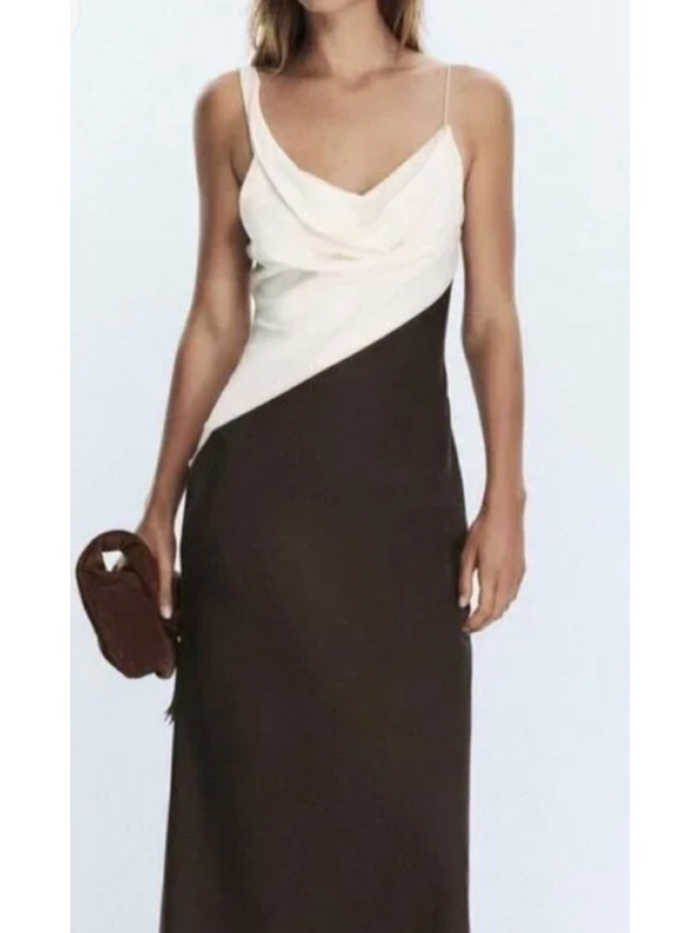 Zara Contrast Midi Dress Asymmetrical Strap  Ecru Brown Size Small